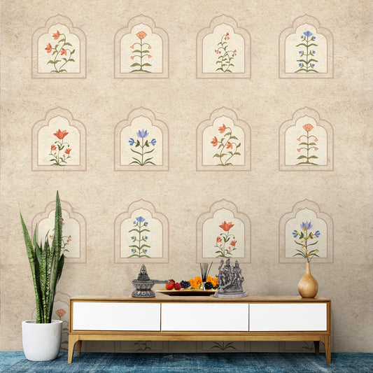 Floral Radiance Framed Jharokha Wallpaper for Rooms, Customised