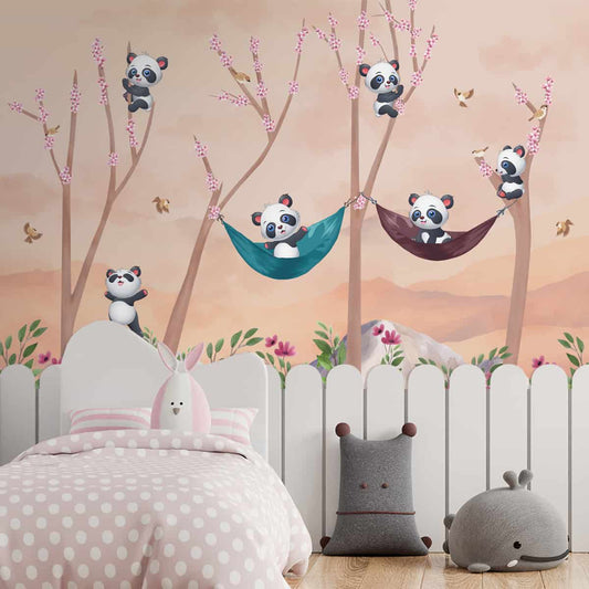 Cute Panda on Hammock Wallpaper for Kids Room Wall, Customised