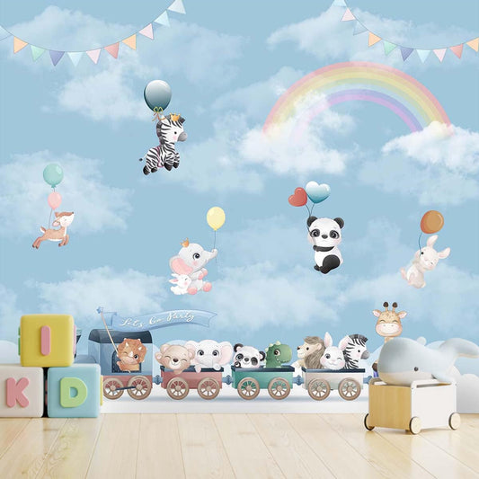 Animals on Train and Flying Balloon, Nursery Wallpaper, Customised