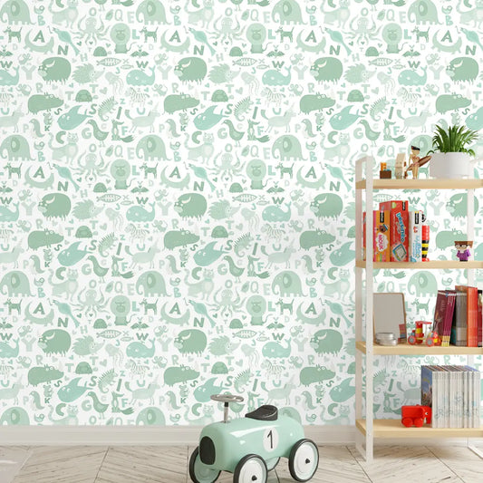 Animals Alphabet Design Wallpaper Roll in Green Color