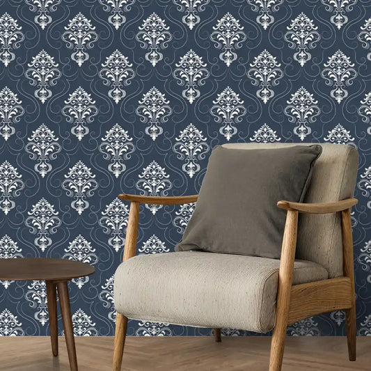 Falguni Damask Wallpaper Roll in Blue Color