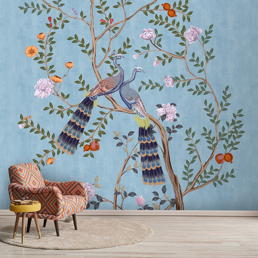 Morni, Peacock and Flowers Chinoiserie Design for Walls, Blue