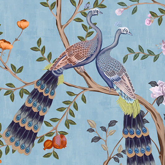 Morni, Peacock and Flowers Chinoiserie Design for Walls, Blue