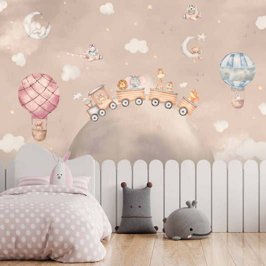 Cuddly Express: Wildlife Train Kids Room Wallpaper