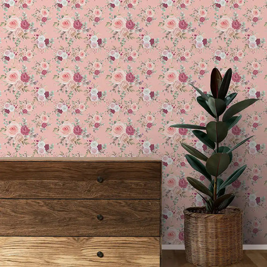 Roses Design Wallpaper Roll in Peach Wanderlust Color