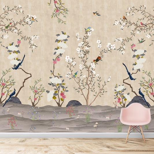 Chinoiserie Floral Theme Wallpaper for Walls, Customised