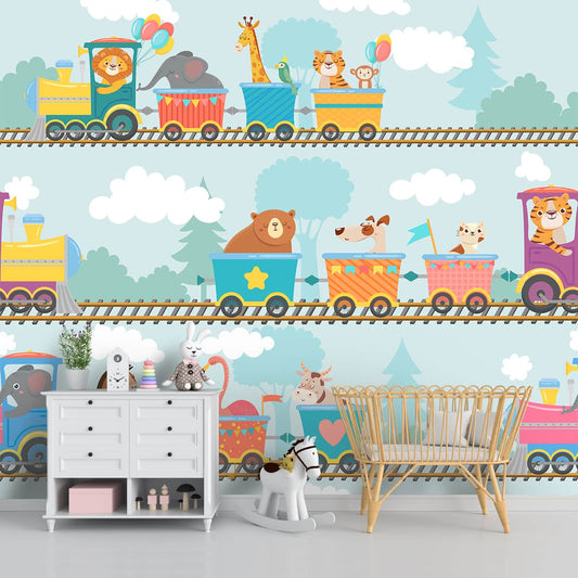 Cute Animals Train Kids Room Wallpaper, Customised