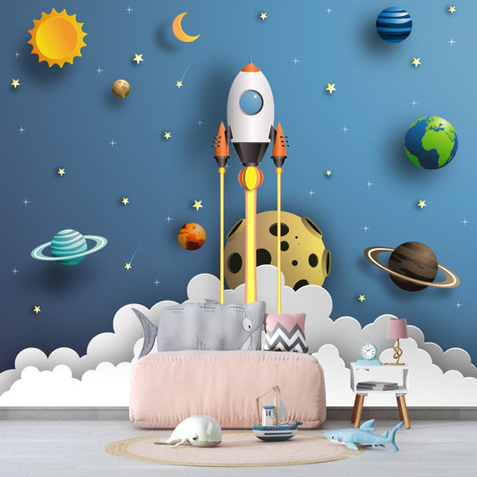 3D Space Theme Wallpaper with Solar System for Kids, Blue