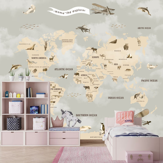 Pastel Premium Kids Room Full Wall World Map Wallpaper