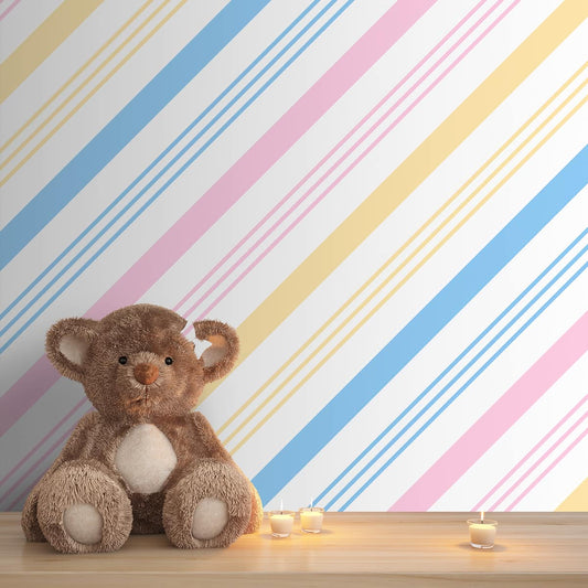 Cute Pastel Blue Pink and Yellow Stripes, Kids Room Wallpaper