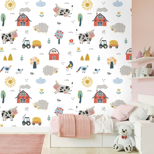 Cute Farm Animals and Tractors, Kids Wallpaper, Customised