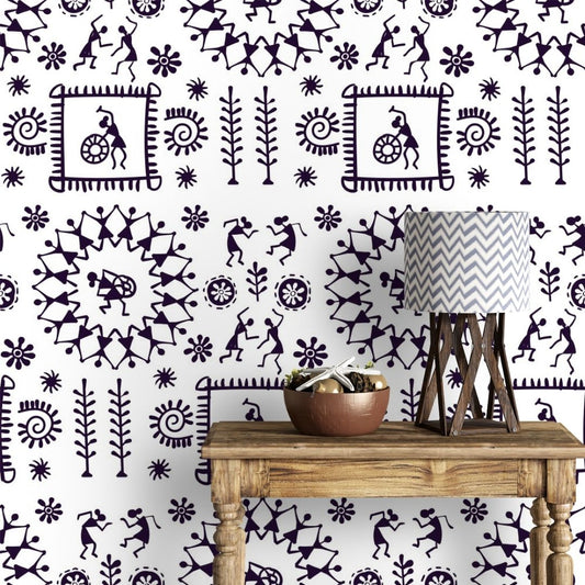 Black & White Indian Art Wallpaper for Rooms, Customised