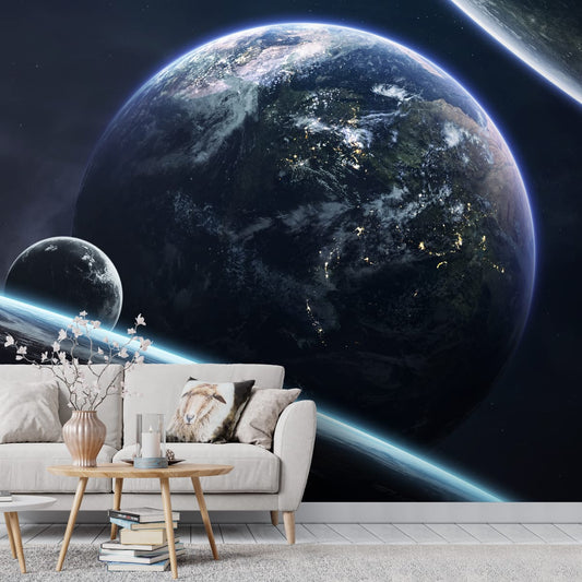 Earth and Moon Space Theme Wallpaper for Walls and Ceiling, Blue