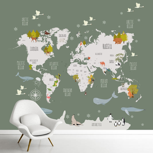 Green Color Worldmap Wallpaper for Kids Rooms, Customised