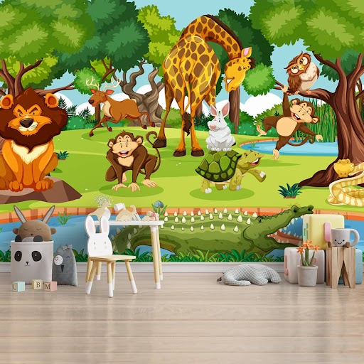 Animals in Jungle Kids Room Wallpaper, Customised