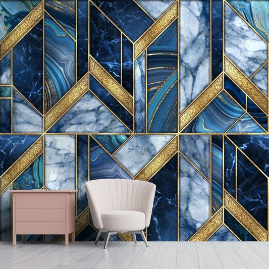 Blue and Golden Marble Pattern Wallpaper for Rooms, Customised