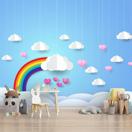 3D Rainbow and Clouds Kids Room Wallpaper, Blue, Customised