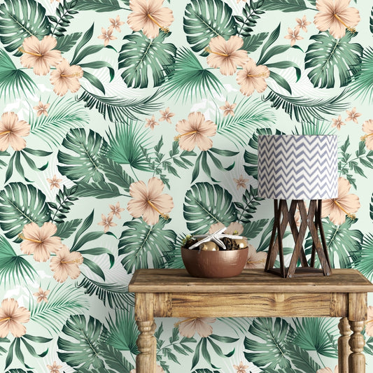 Hibiscus Flowers with Tropical Leaves, Customised Wallpaper