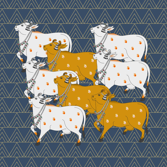 Pichwai Cow Design  Blue Wallpaper for Walls, Customised