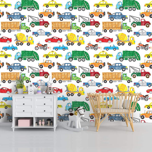 Cars, Bikes, Trucks Boys Room Wallpaper Design