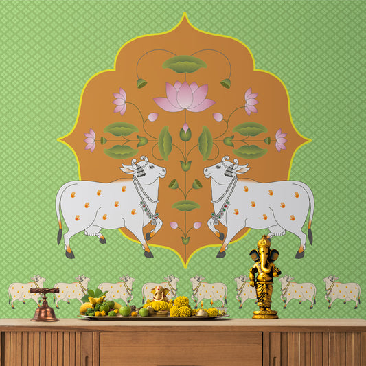 Vibrant Cow Pichwai: Spiritual Pooja Room Wallpaper, Green