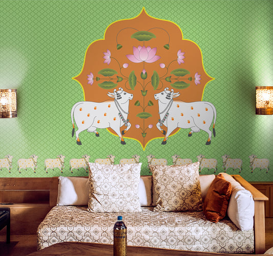 Vibrant Cow Pichwai: Spiritual Pooja Room Wallpaper, Green