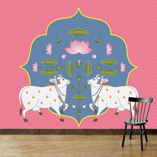 Cows and Lotus In Pichwai Style Wallpaper, Pink & Blue, Customised