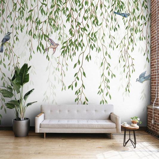 Hanging Botanical Creeper with Birds, Customised Wallpaper