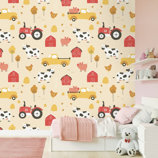 Farm Animals and Vehicles, Kids Nursery Room Wallpaper