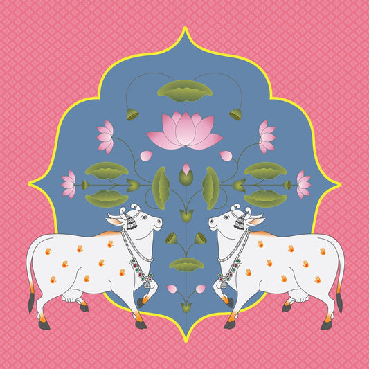 Cows and Lotus In Pichwai Style Wallpaper, Pink & Blue, Customised