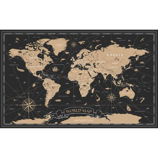 Black and Golden Vintage World Map Wallpaper, Customised