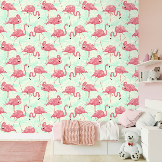 Tropical Flamingos Bedroom Wallpaper, Pink & Green