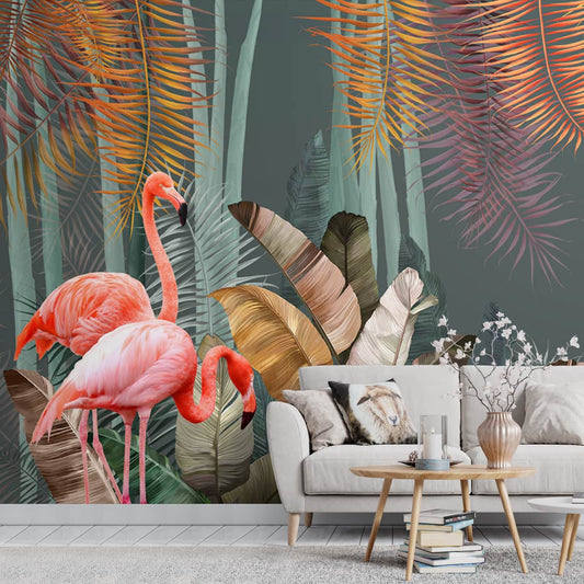 Pink Flamingos in Tropical Jungle Wallpaper for Rooms