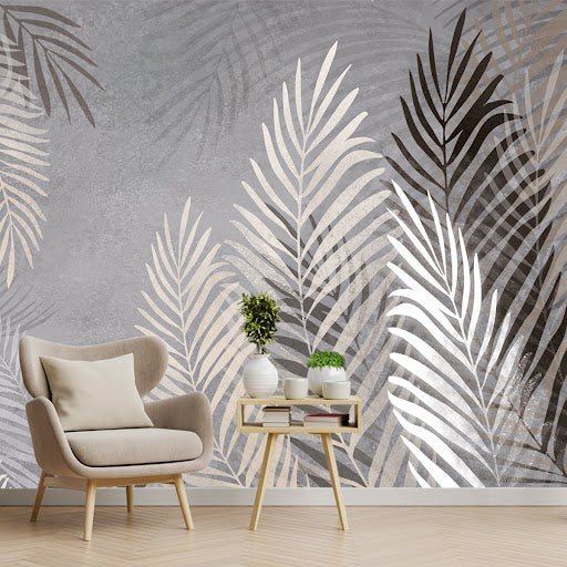 Beige and Grey Background Tropical Leaves Wallpaper, Customised