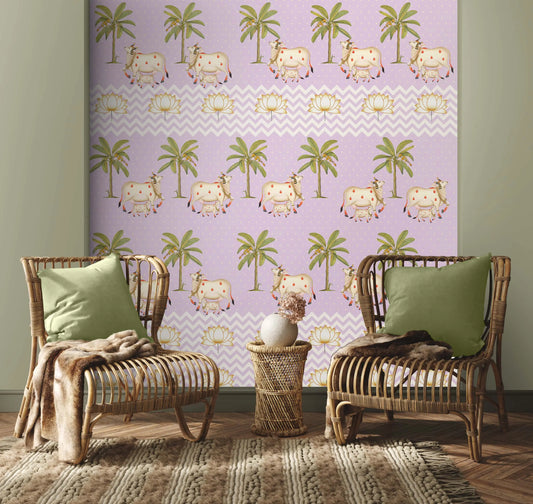 Pichwai Cows in Mauve Chevron Pattern Wallpaper