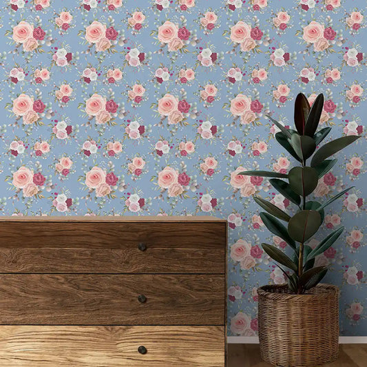 Roses Design Wallpaper Roll in Blue Wanderlust Color