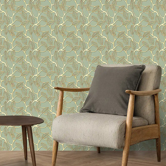 Shop Golden leaves Design Wallpaper Roll in Green Color