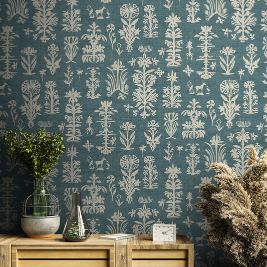 Classic Florals with Modern Charm Fabric Texture Wallpaper for Walls Blue Color