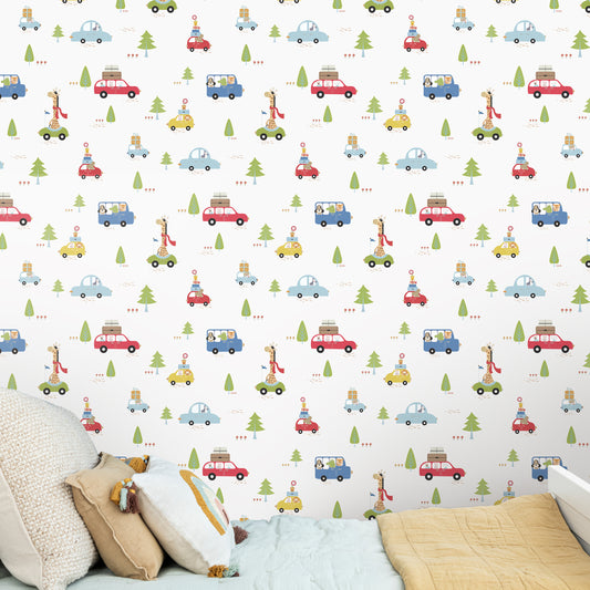 Animal Explorers on Wheels, Adorable Wallpaper Design for Kids, Off White