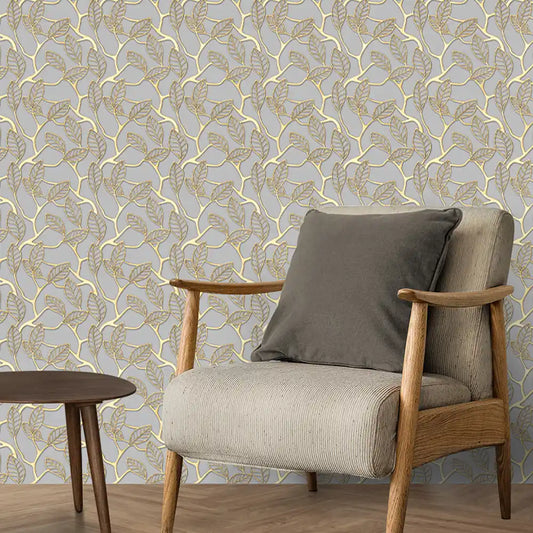 Golden Leaves Design Wallpaper Roll in Grey Color