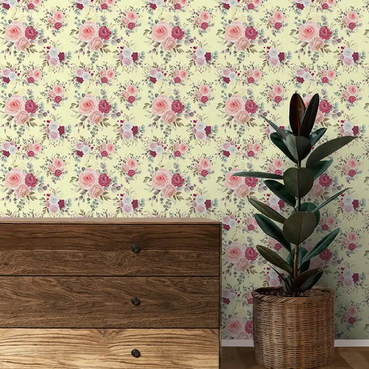 Roses Design Wallpaper Roll in Yellow Wanderlust Color