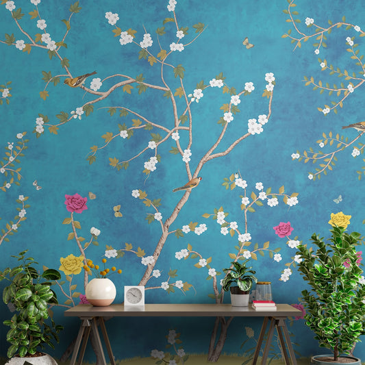 Azure Charm, Luxury Chinoiserie Wallpaper for Rooms, Customised