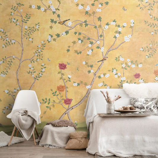 Sunset Serenade, Golden Chinoiserie Wallpaper Design