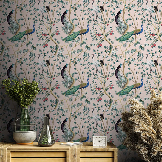 Chinoiserie Theme Wallpaper with Peacock, Blushing Sand