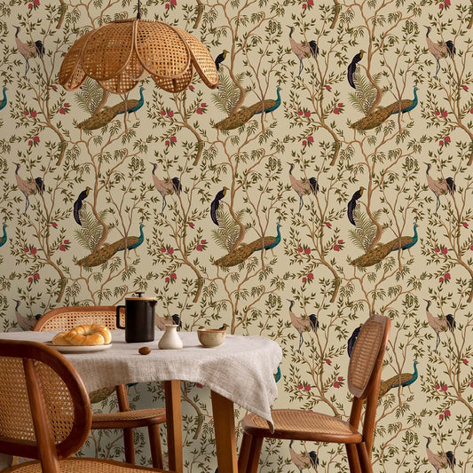 Chinoiserie Theme Wallpaper with Peacock, Khaki