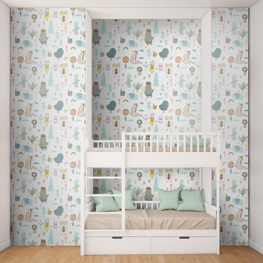 Cuddly Creatures Carousel, Cute Kids Wallpaper Design, Off White