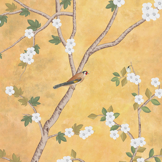 Sunset Serenade, Golden Chinoiserie Wallpaper Design