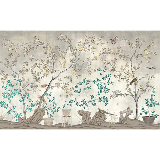 Grandeur in Silver Chinoiserie, Wallpaper for Wall, Customised