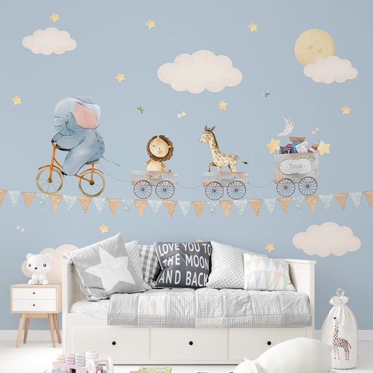 Animals On Ride: Wallpaper for Kids Room, Blue