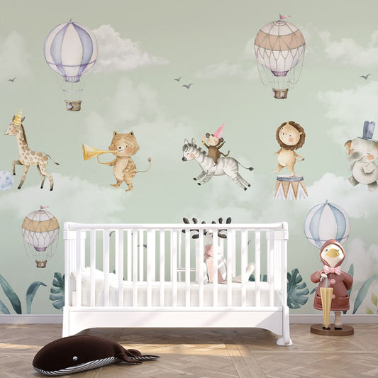 Marching Musical Band of Jungle Animals, Wallpaper for Nursery, Mint Green